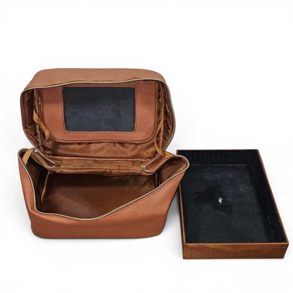 Joy Mangano Vanity Case Women 11x8 Tan Good Removable Tray Mirror Travel Bag